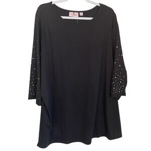 Quacker Factory Women's Size 2X Black Knit Rhinestone 3/4 Sleeve Tunic Top